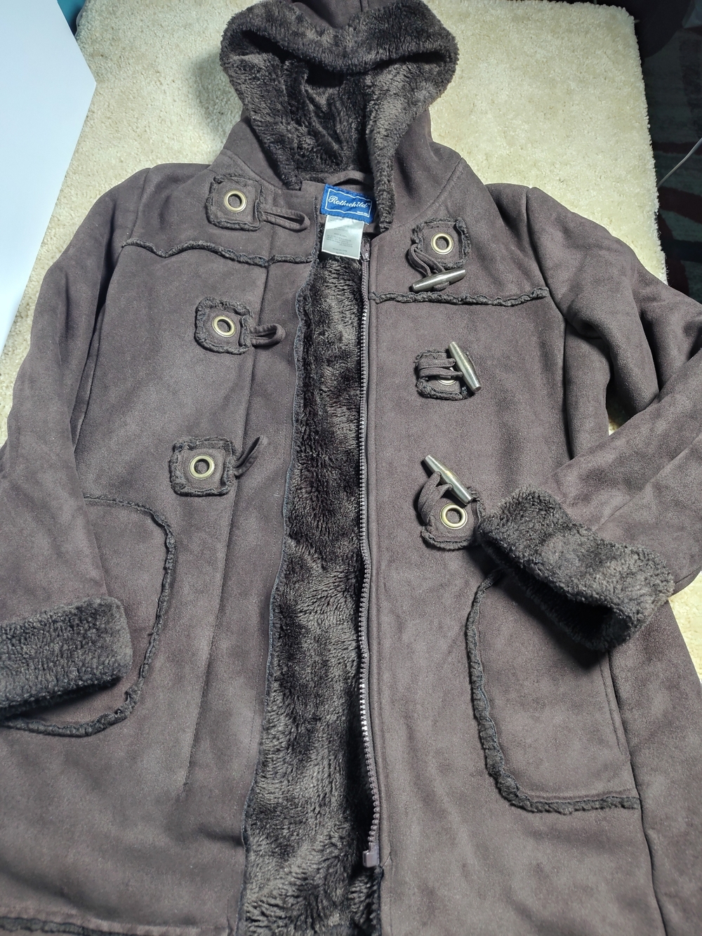 Rothschild Brown Hooded Faux-Shearling Toggle Coat - Picture 2 of 3